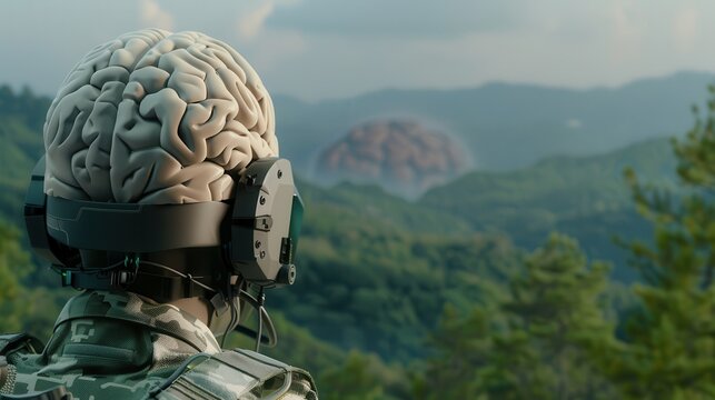 Neurotechnology and Brain-Computer Interfaces. Surreal soldier with a brain-like helmet