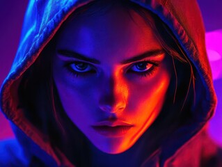 mysterious girl in a hood illuminated by vibrant neon lights, her face adorned with glowing colors, creating a captivating, futuristic ambiance