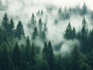 mysterious forest shrouded in thick fog, trees looming in ethereal beauty, creating an atmosphere of intrigue and tranquility as nature envelops the scene