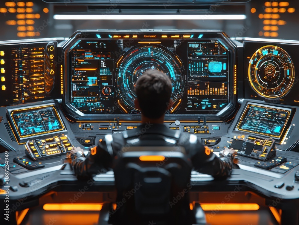 Poster futuristic command center navigates floating data streams in high-tech environment for enhanced insi