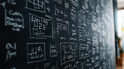 Fototapeta premium Blackboard with multiple mathematical equations and diagrams written in white chalk, emphasizing complex calculations, educational or scientific environment.