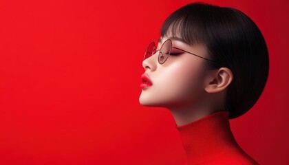 A striking fashion portrait showcasing minimalism with a focus on a model in vibrant red against a bold background. The composition emphasizes elegance and stylish simplicity.
