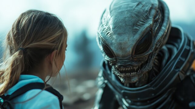 A young girl stands face-to-face with an alien creature, creating a scene filled with suspense and curiosity amidst an unfamiliar terrain, highlighting empathy.