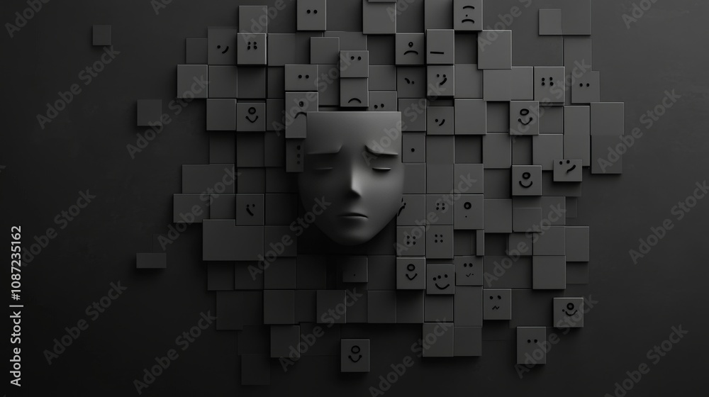 Aufkleber Abstract representation of emotions with a monochrome face integrated into a grid of varying expression squares showcasing sadness, happiness, and confusion.