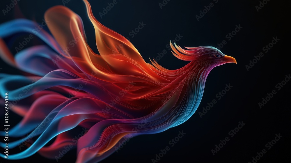 Fototapete Vivid Abstract Representation of a Phoenix in Motion with Flowing Waves of Colorful Flames Symbolizing Rebirth and Transformation