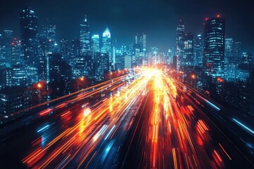Fototapeta premium Futuristic light acceleration effect cyberpunk cityscape digital art urban environment aerial view technology concept