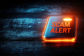 A glowing button displays "SCAM ALERT" against a dark, textured background, indicating a warning about potential scams.