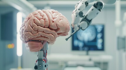 Neurotechnology and Brain-Computer Interfaces. Robotic arm and artificial brain concept