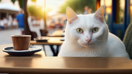 Fluffy white cat lounging on a table in a modern coffee shop  
