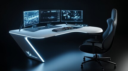 A sleek modern gaming desk with three curved monitors glowing in neon RGB colors, accompanied by an ergonomic chair and minimal desk clutter