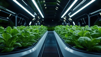 Explore the interior of a futuristic vertical farm showcasing advanced technology and vibrant plant growth under efficient lighting, promoting sustainability and innovation.