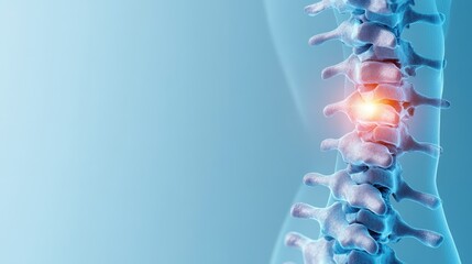 A rendering of a blue-toned spine focusing on a single vertebra, illustrating health concepts and framework within the human body, useful in medical contexts.