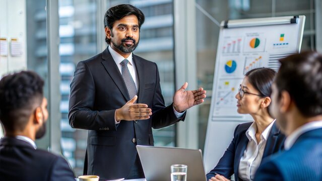 An Indian professional explaining the roadmap of a business project to stakeholders.	
