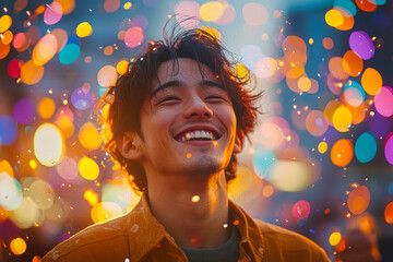 Joyful Asian man in distorted image at outdoor party with friends illuminated by light effects