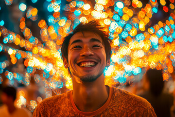 Asian man radiates joy at outdoor party with friends surrounded by captivating light effects