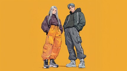Fototapeta premium Anime pair in orange and gray outfits