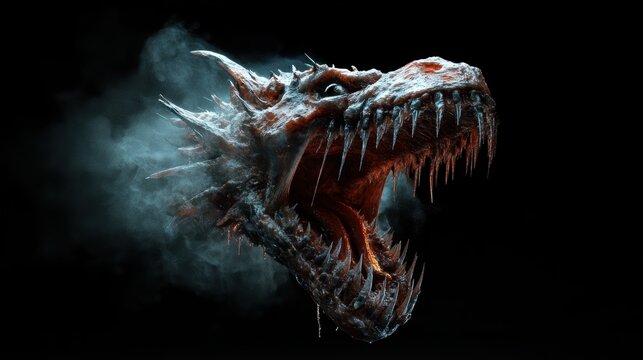 A fierce dragon head emerges from dark smoke, showcasing sharp teeth and spiky scales, delivering an intense and mystical fantasy feel.