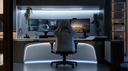 Fototapeta premium Gaming desk setup with high-resolution monitors, a curved ergonomic design, RGB strip lights, and a matching gaming chair in a dimly lit room