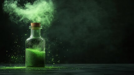 An intriguing glass potion bottle with a cork releases a bright swirling green mist, capturing the imagination with magic and storytelling potential.