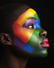 Close-up profile view of a dark-skinned woman's face, adorned with bold, geometric rainbow paint