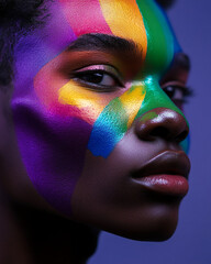 A person's face is partially painted with bright rainbow colors