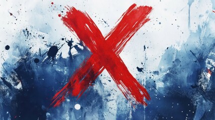 Artistic depiction of a red X painted on a splattered blue and white watercolor background, emphasizing boldness and finality.