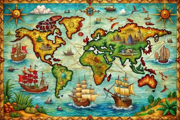 Naklejka premium Adventure Map of Pirates, Ships, and Sea Monsters Across the Seven Seas