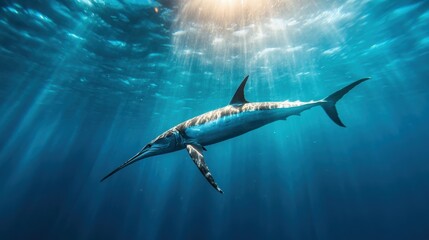 Fototapeta premium A majestic swordfish navigates the deep blue waters under a radiant beam of sunlight, showcasing its sleek form and unique bill amid the serene ocean environment.