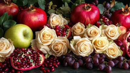 Autumnal wedding composition of roses, apples, grape and pomergranate