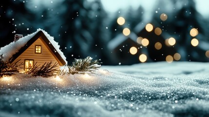 A delightful tiny wooden house sits nestled in sparkling snow against a backdrop of glowing lights, evoking a sense of festive charm and nostalgia.