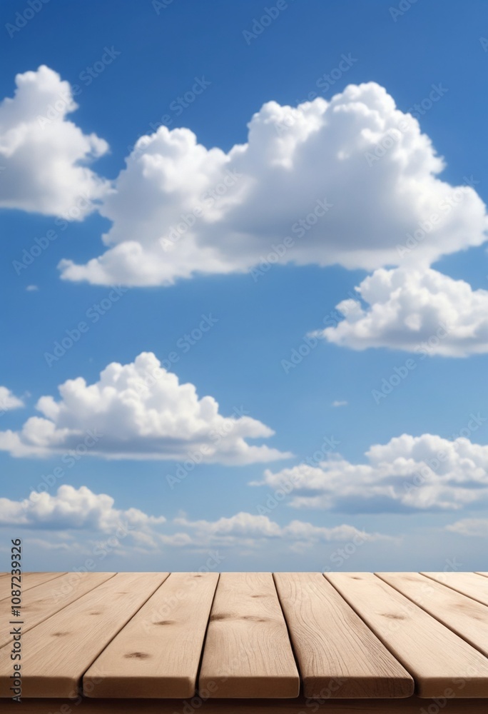Poster an empty wooden tabletop with blue skies and clouds is ideal for displaying merchandise