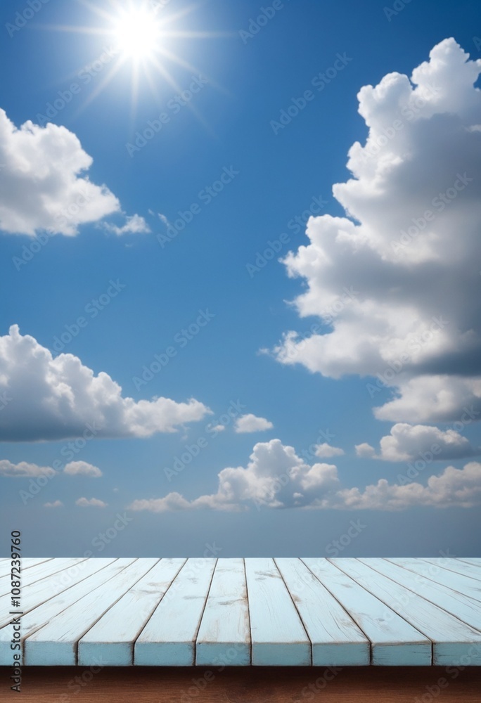 Poster an empty wooden tabletop with blue skies and clouds is ideal for displaying merchandise