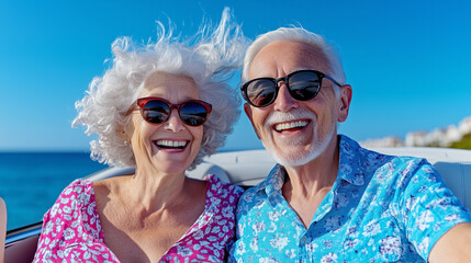 Joyful Senior Couple Enjoying a Sunny Boat Ride Along the Coast, Smiling and Laughing With the Ocean Backdrop on a Clear Day