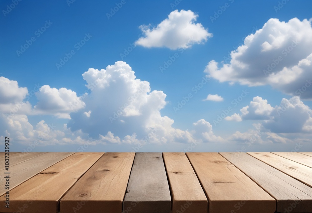 Aufkleber an empty wooden tabletop with blue skies and clouds is ideal for displaying merchandise