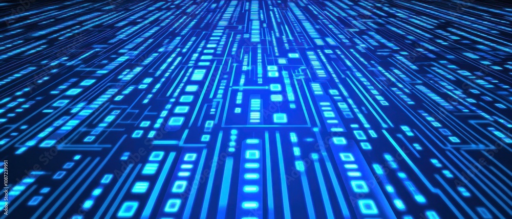 Poster abstract digital landscape with glowing blue lines and binary code elements.
