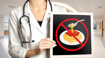 Doctor and prohibition sign against spaghetti pasta dish on blackboard.Diet,healthy eating,wellness and health concept