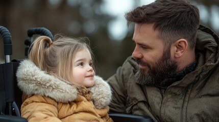 In this touching photograph, a father lovingly gazes at his daughter, both enveloped in warm attire, while sharing a moment of connection in the brisk outdoor air.