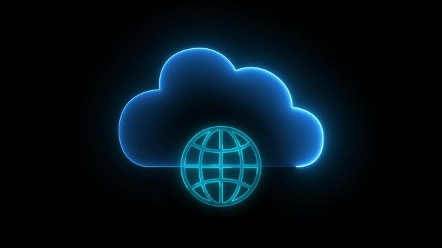 Technology data transformation concept. Glowing neon line of cloud computing icon for download and upload database of business. Global internet connection, digital marketing, Financial and big data.