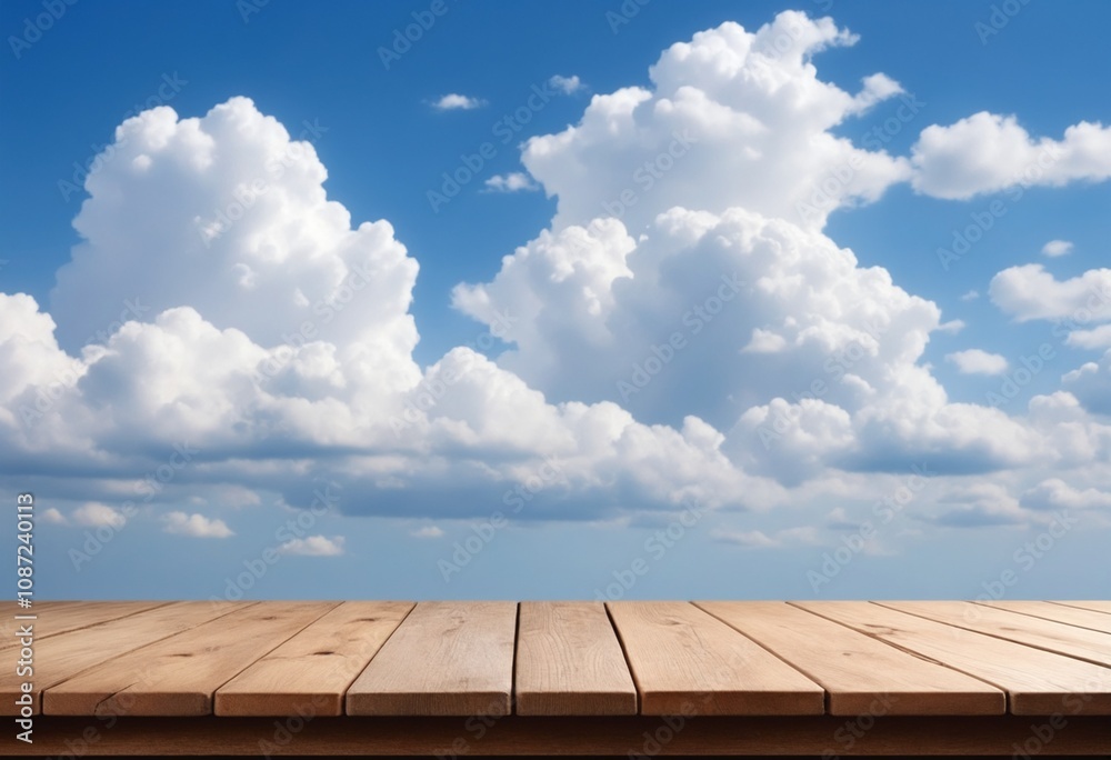 Poster an empty wooden tabletop with blue skies and clouds is ideal for displaying merchandise