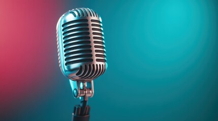 A modern, glossy microphone stands out beautifully against a dynamic background of pink and blue hues, representing clarity, communication, and modern audio tech.