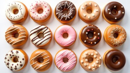 Obraz premium pink, white, chocolate donuts on white and pink background, delicious desserts