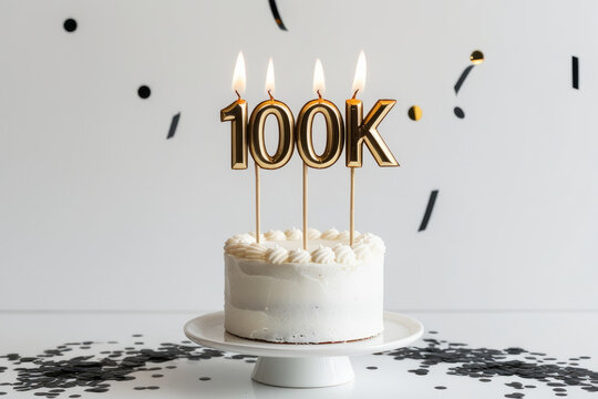 Cake with candles shaped like "100k". Celebration of reaching 100k followers or likes. White background with colorful confetti. AI generated