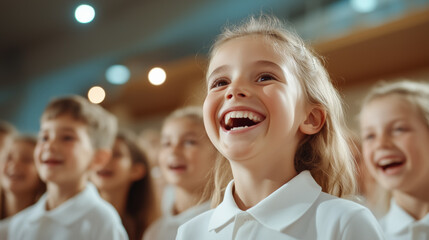 Fototapeta premium Children Enjoy a Fun Moment at a School Performance in a Bright Auditorium Filled With Laughter and Excitement During a Sunny Afternoon