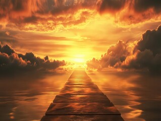 path stretching toward the horizon at sunset, symbolizing potential and opportunity, framed by dramatic clouds and warm golden light, evoking a sense of adventure