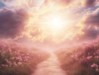Naklejka premium pathway leading towards a serene heavenly landscape, symbolizing enlightenment and spiritual journey, ethereal lighting casting a divine glow over the scene