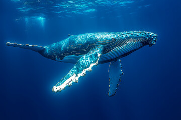 Fototapeta premium Captivating Humpback Whale Distressed Finish on Dark Blue Background Showcasing Marine Life Beauty