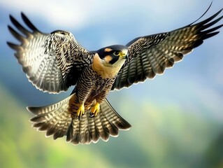 peregrine falcon soaring through the air, wings spread wide against a clean white background, capturing the grace and speed of this majestic bird in flight
