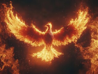 phoenix bird with fiery wings spread wide, emerging from swirling flames, embodying rebirth and myth, with intense colors and dynamic movement against a dark backdrop