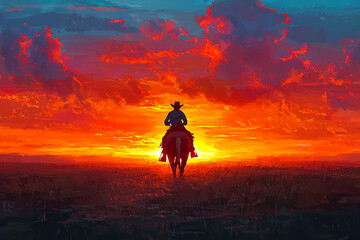 Fototapeta premium Solitary cowboy galloping towards the horizon on endless prairies