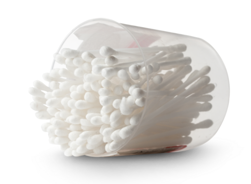 White cotton swabs in plastic container